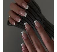 MrCuvaryas Uñas cuadradas para pegar, 24 unidades French Tip Press on Nails Cortas, Squoval Nude Natural Blanco French Fake Nails con pegamento de uñas para mujeres Nail Art (White Classic, 12 tamaños