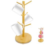 Mritrit Madera Soporte Tazas Vertical, Soporte para Colgar Tazas de Cafe con 6 Ganchos, Árbol Organizador de Taza con Base Engrosada para Hogar Cocina, Oficina Coffee Corner, Cafetería (Natural)