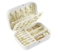 MrMrKura Joyero de viaje, pequeño organizador de piel sintética, portátil, de 2 capas, para anillos, aretes, collares, regalos para mujeres (blanco)