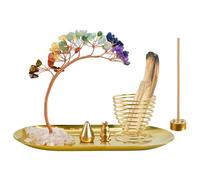 MrMrKura Quemador de incienso 5 en 1, soporte de incienso de árbol de cristal de 7 chakras, soporte de palo santo, quemador de salvia para varillas de incienso, recogedor de cenizas de latón para