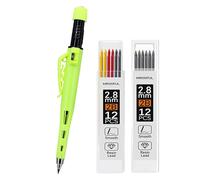 MROOFUL Woodworking - Portaminas de carpintería de 2,8 mm, herramienta de marcado de punta larga, sacapuntas integradas, tapa protectora, 12 piezas de repuesto de mina negra, lápiz de marcado de