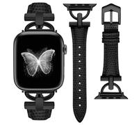 MroTech Correa Compatible con Apple Watch 42mm 41mm 40mm 38mm Correa Cuero Genuino Pulsera Compatible con Apple Watch Serie 10 9 8 7 SE SE2 6 5 4 3 2 1 Correa estrecha Narrow Bracelet-Negro/negro