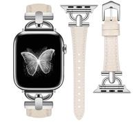 MroTech Correa Compatible con Apple Watch 46mm 45mm 44mm 42mm Correa Cuero Genuino Pulsera Compatible con Apple Watch Serie 10 9 8 7 SE SE2 6 5 4 3 2 1 Correa estrecha Narrow Bracelet-Beige/plata