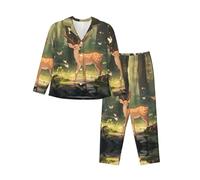 MROWYC Elegante conjunto de pijama estampado de Bambi para mujer, ropa de descanso cálida para otoño/invierno, Negro, S