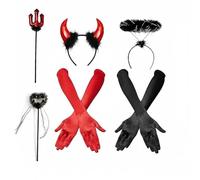 Mrqqmake Disfraz de diablo para mujer y niña, Halloween, carnaval, carnaval, juego completo con cuernos de diablo, diadema, guantes y varita mágica