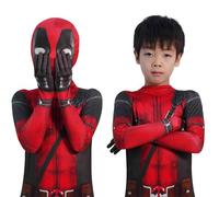 MRRTIME 2024 Disfraz de Halloween de héroes, mono de cosplay con impresión 3D y gorro para niños, disfraz de Deadpool para niños de 10 a 12 años (Rojo-Niños, 110)