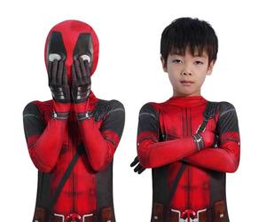 MRRTIME 2024 Disfraz de Halloween de héroes, mono de cosplay con impresión 3D y gorro para niños, disfraz de Deadpool para niños de 10 a 12 años (Rojo-Niños, 170)