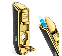 Mrs. Brog Cigar Lighter Triple Flame Torch with Built in Cigar Punch (Butane Gas Not Included) - Pocket Size 3 Adjustable Wind Proof Jet Flames - Ergonomic Grip