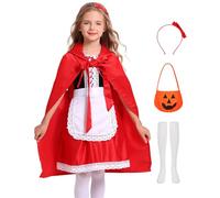 Mrsclaus Disfraz rojo para niña, disfraz de Caperucita Roja, vestido de capa roja, pajarita roja, diadema, bolsa de calabaza, Halloween, fiesta temática, disfraz, fiesta, C017-90