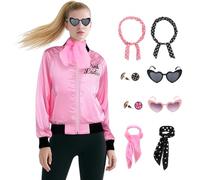 Mrsclaus Pink Ladies C031S - Disfraz de mujer de los años 50 con leggings negros, gafas, pendientes de Rock'n Roll Grease Musical Halloween Carnaval Disfraz Fiesta