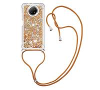 MRSTER Funda con Cuerda para Xiaomi Redmi Note 9T, Bling Glitter Líquido Carcasa Moda Ajustable Collar Correa Protección Case para Xiaomi Redmi Note 9T 5G. LP Love Gold