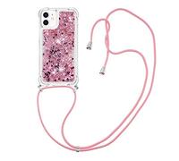MRSTER Lanyard - Funda para iPhone 12, Carcasa líquida con Purpurina, Silicona antigolpes, Kawaii, Funda con Cordaje, para iPhone 12, iPhone 12 Pro 6,1 Pulgadas. LP Love Rose