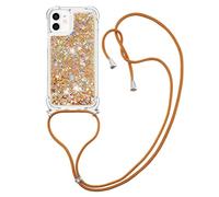 MRSTER Lanyard - Funda para iPhone 12, Carcasa líquida con Purpurina, Silicona antigolpes, Kawaii, Funda con Cordaje, para iPhone 12, iPhone 12 Pro 6,1 Pulgadas. LP Love Gold