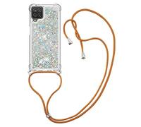 MRSTER Lanyard - Funda para Samsung A12, diseño de Purpurina líquida de Silicona antigolpes Kawaii, Funda con Cordaje para Samsung Galaxy A12. LP Love Silver