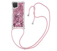 MRSTER Lanyard - Funda para Samsung A12, diseño de Purpurina líquida de Silicona antigolpes Kawaii, Funda con Cordaje para Samsung Galaxy A12. LP Love Rose