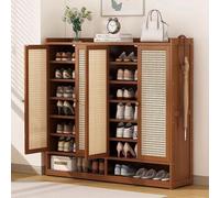 MRVAKDYDI Armario de Madera para Guardar Zapatos, Zapatero de 8 Niveles y 4 Puertas con Puertas de ratán, Almacenamiento Abierto, marrón
