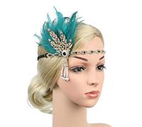 MRVAKDYDI Tocado de plumas de encaje para mujer, 1920, diadema de plumas, diadema de hojas y perlas, accesorios para el cabello para mujer (turquesa GN, talla única)