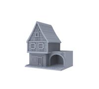 MRY-SFW Cabaña retro de medio entramado de madera con patio de arco, accesorio de construcción de escenas en miniatura, accesorio de exhibición de casa de muñecas y figuras, modelo de arquitectura de