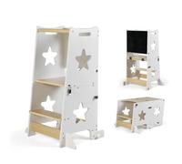 MS BabyWorld - Learn Up - Torre de Aprendizaje Montessori | Convertible en Escritorio con Pizarra y Taburete | Madera Maciza | Barra de Seguridad | Plegable