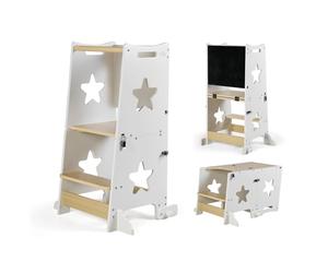MS BabyWorld - Learn Up - Torre de Aprendizaje Montessori | Convertible en Escritorio con Pizarra y Taburete | Madera Maciza | Barra de Seguridad | Plegable