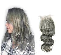 Ms Fenda Cabello humano malasio virgen 100 % crudo, estilo ondulado, color gris, parte libre, nudos blanqueados, 35 gramos/pieza, cierre de encaje 4 x 4 (12 pulgadas, gris)