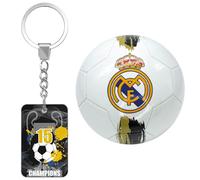 ms móvil shop Balón Real Madrid Escudo Raya Negro Dorado Talla 5 Producto Oficial +Llavero para Llevarlo a la Playa, Piscina, Campo