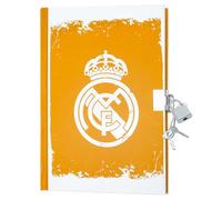 ms móvil shop Cuaderno Bloc de Notas Real Madrid 13x18cm - 50 hojas Cuaderno Con Escudo Blanco con Candado Fondo Naranja - One Color One Club | Producto Oficial