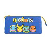 ms móvil shop Portatodo Estuche Pokemon Escolar 3 Compartimentos para Niños Azul - Picachu, Charmander, Squirtle, Bulbasaur, Producto Oficial