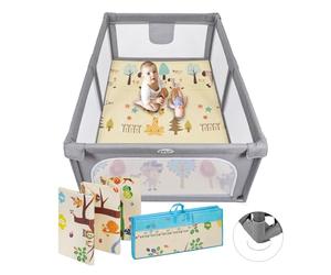 MS Parque XL + Alfombra de Juegos para Bebé 180x120 cm - Doble Cara, Tapete Muy acolchado (1cm Grosos), Plegable y con Bolsa de transporte
