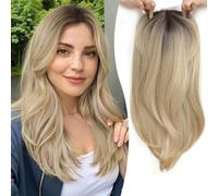Ms Taj Piezas de pelo para cabello fino, 45 cm, rubio degradado con raíz oscura, pelo real, con capas naturales, extensiones de clip para más volumen del cabello, postizo sintético Haa con flequillo