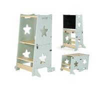 MS BabyWorld - Learn Up - Torre de Aprendizaje Montessori | Convertible en Escritorio con Pizarra y Taburete | Madera Maciza | Barra de Seguridad | Plegable