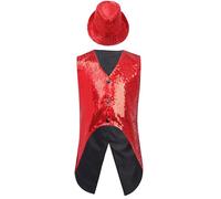 MSemis Chaleco Lentejuelas Chaqueta sin Mangas de Esmoquin con Sombrero para Niños 6-16 Años Traje de Baile Jazz y Fiesta Actuación Rojo 13-14 años