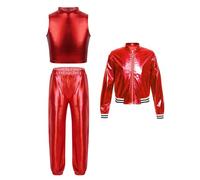 MSemis Conjunto Danza Urbana de Brillante Metálico para Niñas Chaqueta Cremallera de Manga Larga con Crop Top y Pantalones Bombachos para Baile Moderno Hip-Hop 5-16 Años Rojo A 5-6 años