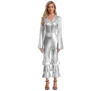MSemis Disfraz Años 70 Estilo Disco para Mujer Mono Metalizado de Acampanado Largo con Cuello en V Disfraz Mamma Mia de Discoteca Festival Musical Carnaval S-4XL Plateado XL
