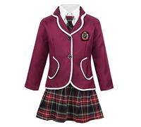 MSemis Disfraz Colegiala para Niñas Uniforme Escola Japonesa Conjuntos Niña 4 Pcs Chaqueta+Cmiseta Manga Larga+Falda Cuadro+Corbata Rojo Vino 12-14 años
