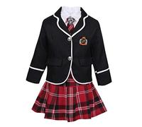 MSemis Disfraz Colegiala para Niñas Uniforme Escola Japonesa Conjuntos Niña 4 Pcs Chaqueta+Cmiseta Manga Larga+Falda Cuadro+Corbata Negro 8-10 años