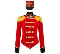 MSemis Disfraz de Maestro de Ceremonias para Mujer Uniforme de Guardia Chaqueta Terciopelo de Manga Larga con Flecos + Sombrero Disfraz Domadora de Circo Ringmaster S-3XL Rojo A XL