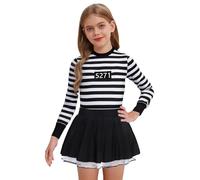 MSemis Disfraz de Prisionera para Niñas Vestido Rayado de Cárcel Maillot Tutu con Botón en la Entrepara Fiestas Temáticas y Halloween Carnaval 5-16 Años Negro 13-14 años