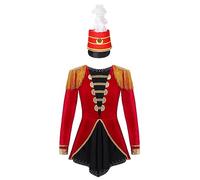 MSemis Disfraz Majorette de Banda para Niñas Ringmaster Maillot Gimnasia de Manga Larga con Borlas y Sombrero de Pluma Disfraz de Domadora Circo Carnaval 5-16 Años B Rojo 13-14 años