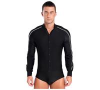MSemis Maillot Baile Latino para Hombres Body Manga Larga de Gimnasia Rítmica Patinaje con Cuello en V y Diamantes Brillantes Mono de Danza Jazz Tango Salón F Negro M