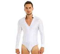 MSemis Maillot Baile Latino para Hombres Body Manga Larga de Gimnasia Rítmica Patinaje con Cuello en V y Diamantes Brillantes Mono de Danza Jazz Tango Salón A Blanco Medium
