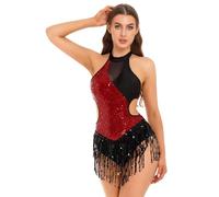 MSemis Maillot de Baile Latino con Flecos para Mujer sin Manga con Cintura Huevada Maillot de Baile Salsa Jazz Body de Patinaje Artístico Competición S-XXL borgoña XL