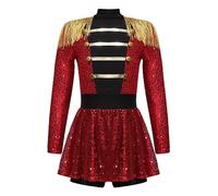 MSemis Maillot Lentejuelas de Gimnasia Rítmica Circo para Niña Manga Larga con Volantes y Flecos Vestido Domadora de Circo Disfraz Majorette de Tambor de Lujo 5-16 Años Rojo 9-10 años