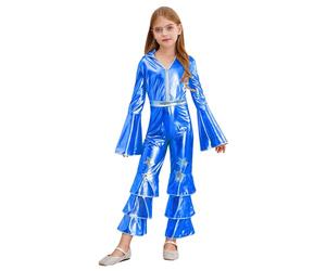 MSemis Mono Brillante de Baile Jazz para Niña Mono de Disco Metalizado Reina Bailarina Enterizo Acampanado Disfraz de Discoteca de Los Años 70 Talla 5-16 Años Azul real 13-14 años
