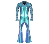 MSemis Mono Brillante de Hippie de Metalizado Holográfico para Hombre Mono Acampanado de Manga Larga con Cuello en V Disfraz Discoteca Clubwear Carnaval S-4XL Azul L