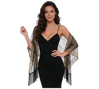 MSemis Pañuelos y Bufandas Mujer Capa de Hombro Transparente con Lentejuelas y Flecos Chales Vintage Los Años 20 para Salir de Noche Oro negro Talla única