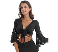 MSemis Top Danza del Vientre para Mujer Ballet Chal de Encaje Floral Cárdigan Abierto Chaqueta Cruzada Danza Bolero Elegante para Vestido Baile Oriental Fiesta Negro 3XL