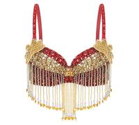 MSemis Top de Danza del Vientre para Mujer Sujetador de Danza Oriental con Adornos de Lentejuelas y Flecos Top de Baile Latino Salsa Rojo B M