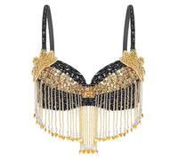 MSemis Top de Danza del Vientre para Mujer Sujetador de Danza Oriental con Adornos de Lentejuelas y Flecos Top de Baile Latino Salsa Negro B M