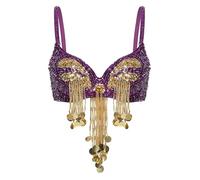 MSemis Top de Danza del Vientre para Mujer Sujetador de Danza Oriental con Adornos de Lentejuelas y Flecos Top de Baile Latino Salsa Morado C M